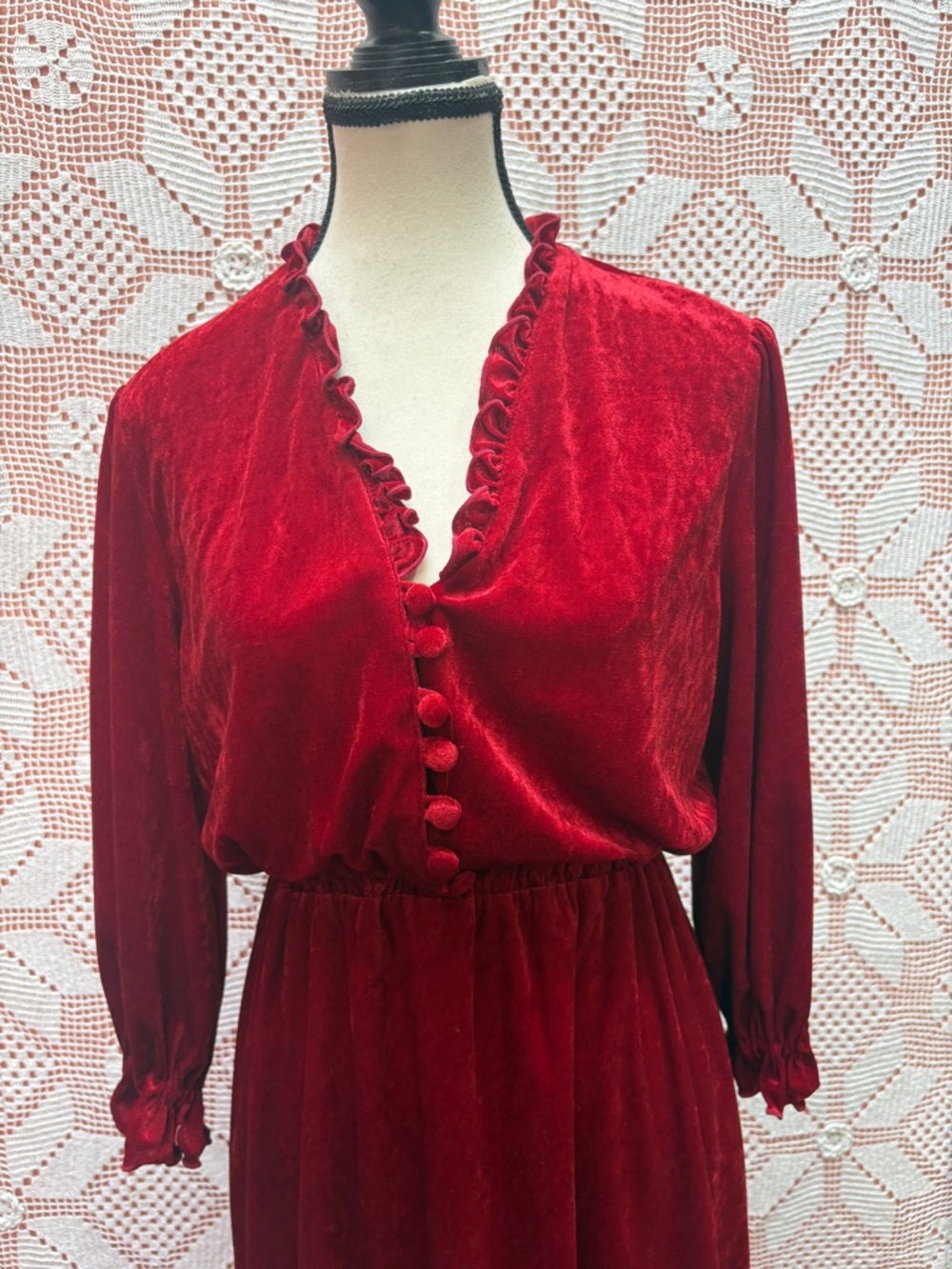 Vintage Red Velvet Dress | Ruffle Button Front Sz M - Picture 2 of 10